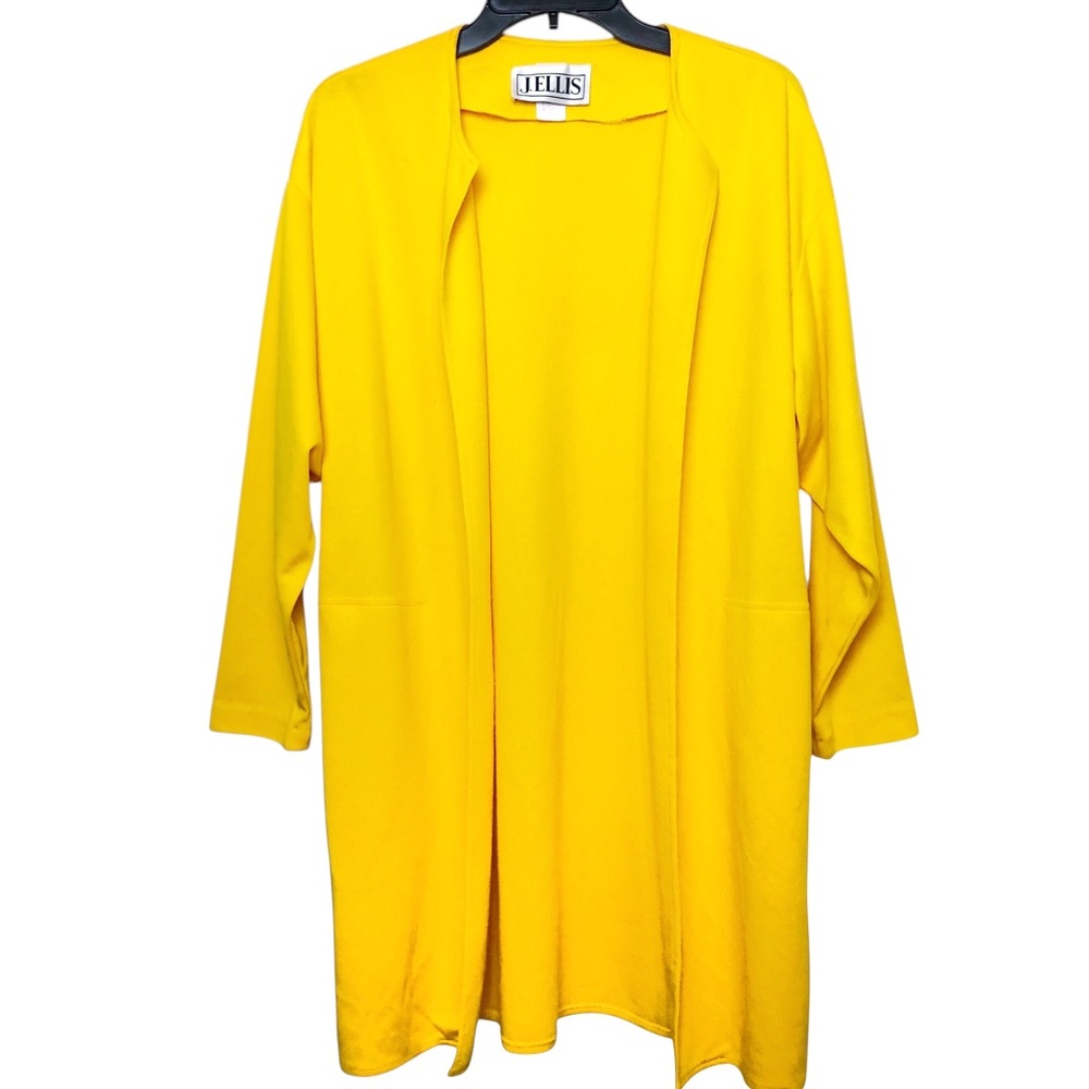 1980s Vintage Long Jacket Cardigan Open Front Pockets Yellow Womens Size 10